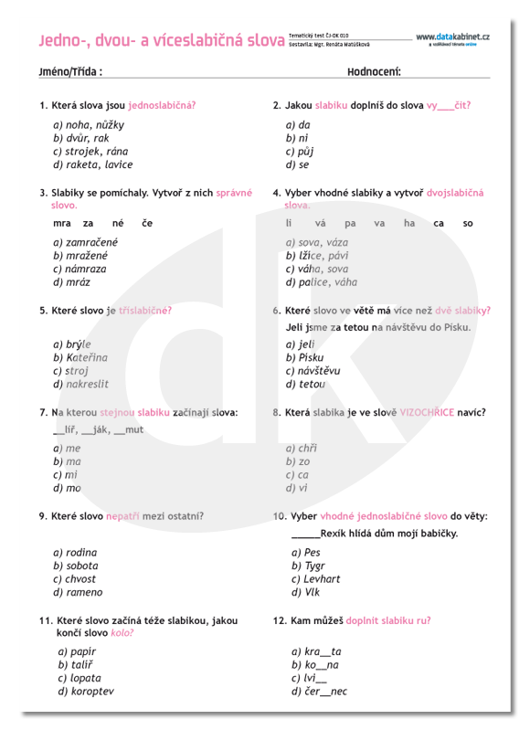 Jedno Dvou A Viceslabicna Slova Test Datakabinet Cz