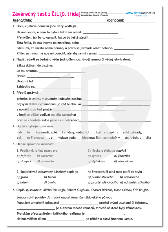 Závěrečný test z ČJL (9. třída) | datakabinet.cz