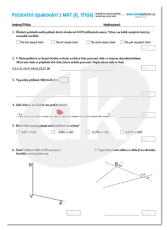 Matematika test 6.rocnik uhly