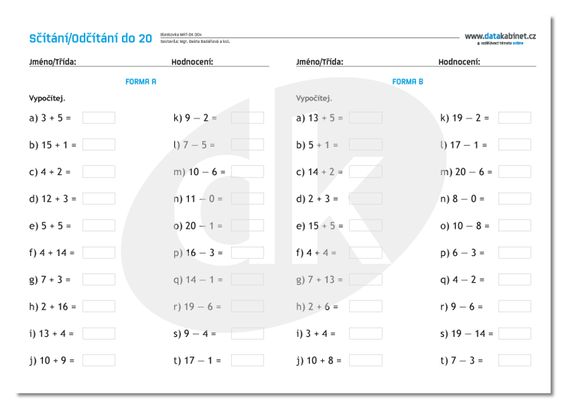Scitani A Odcitani Do 20 Test Datakabinet Cz