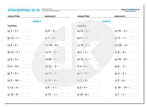 Scitani A Odcitani Do 20 Test Datakabinet Cz