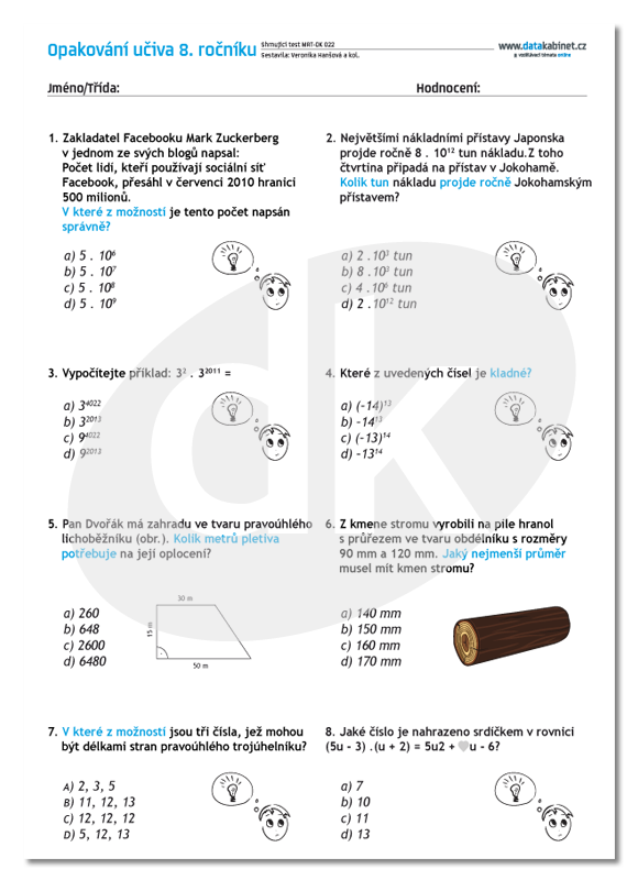 Matematika riaditelský test pre 8.ročník