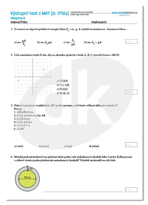 Polročný test z matematiky 8 ročník